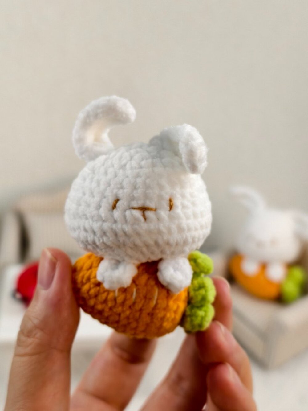 Handmade Amigurumi Crochet Rabbit Holding a Carrot Plushie